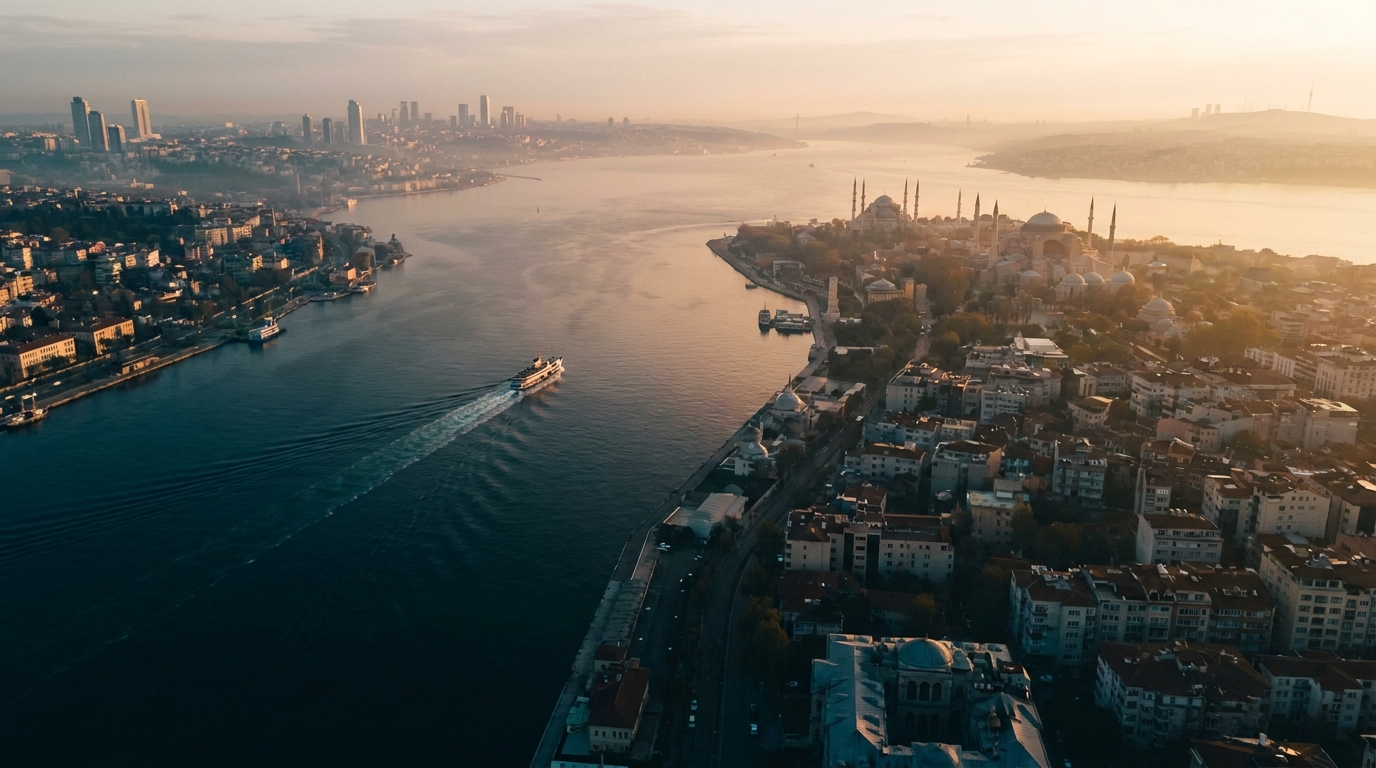 Vista aérea del Bósforo al amanecer, entre las orillas europea y asiática de Estambul