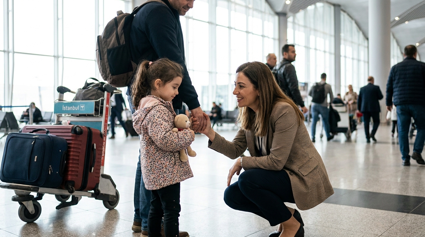 Una coordinadora se agacha para saludar a una niña que va de la mano de su padre en la zona de llegadas del aeropuerto de Estambul