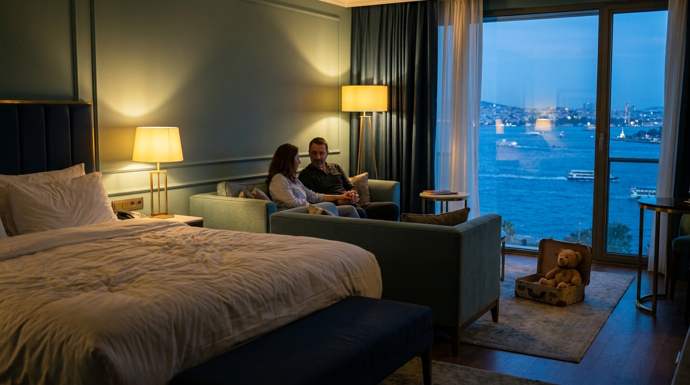 Una tranquila suite de hotel familiar cerca de la clínica, con vistas al Bósforo al atardecer