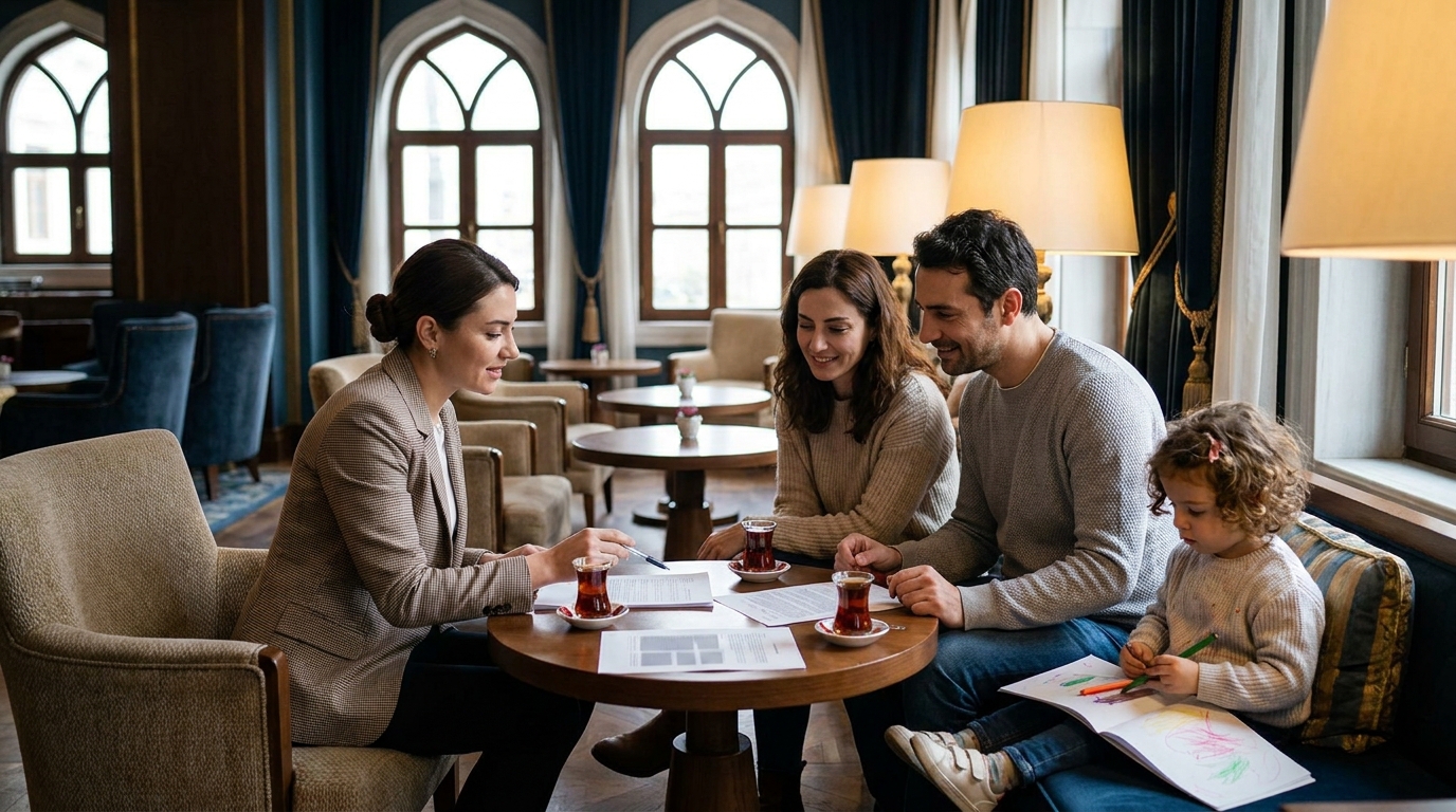 Una coordinadora repasa el plan de la visita con unos padres, con un té turco, en el vestíbulo de un hotel mientras su hijo colorea
