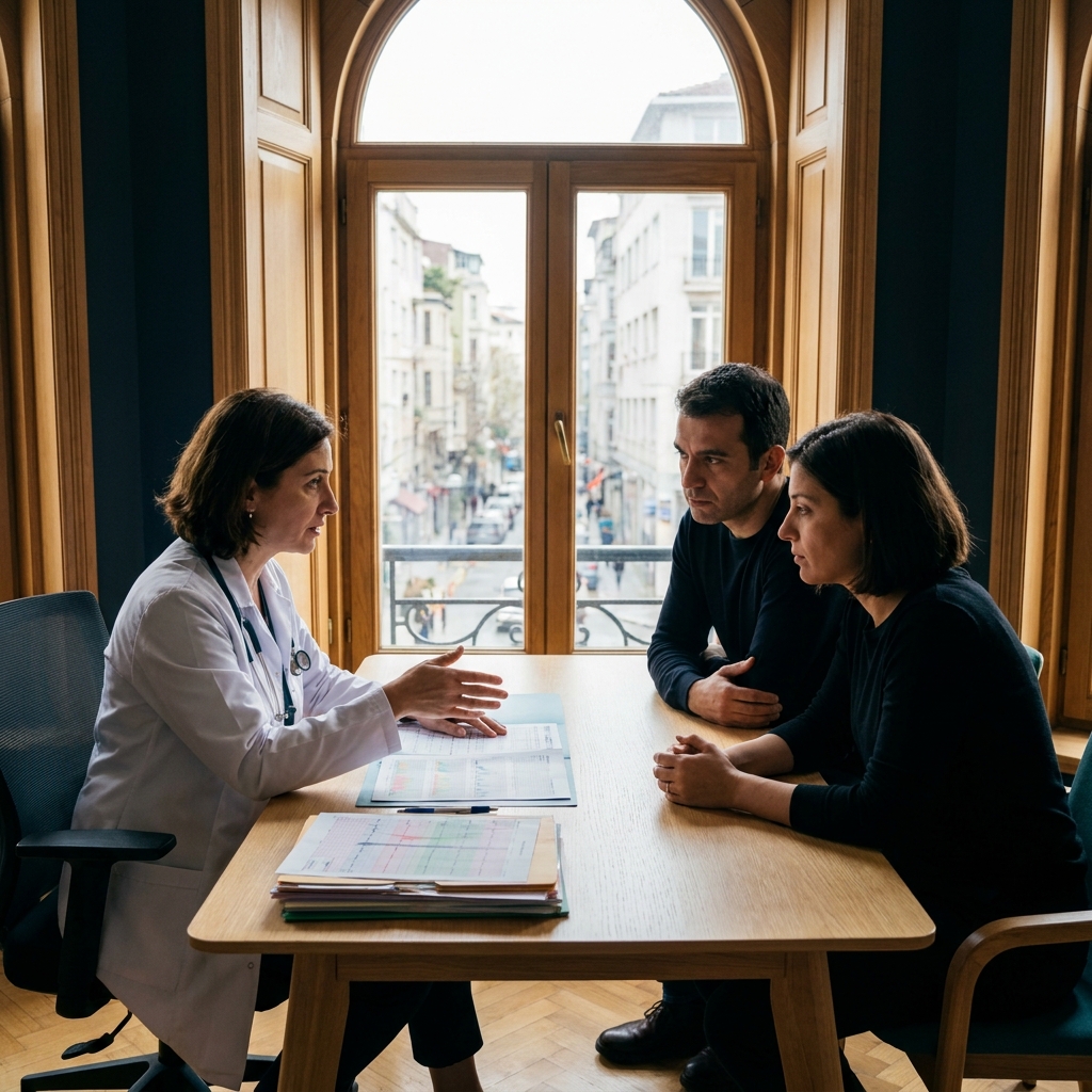 Una médica pediátrica revisa las evaluaciones y los análisis de un niño con dos padres en una mesa de roble claro
