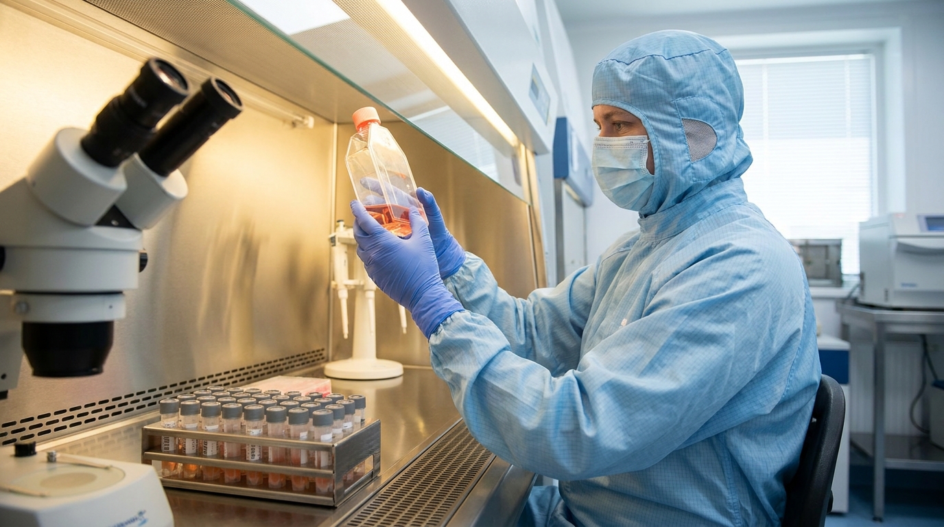 Una científica con bata estéril examina un frasco de cultivo en una cabina de bioseguridad, con una gradilla de criotubos sellados en primer plano