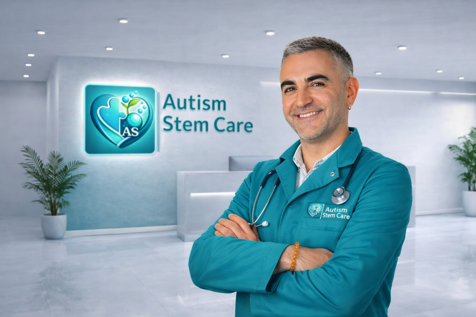 Professional portrait of Uzm. Dr. Cihan Bolat MD in white coat with stethoscope at a modern Istanbul anesthesiology and regenerative medicine clinic with soft teal background.